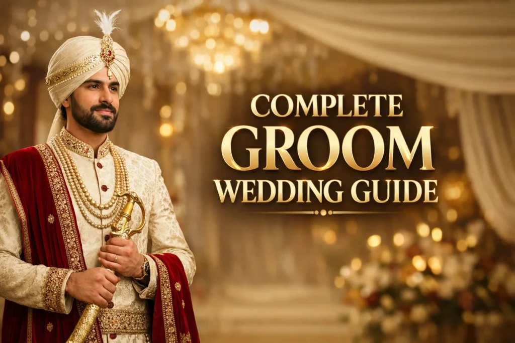 Punjabi groom in sherwani and pagri holding a ceremonial talwar wedding sword — complete groom accessories guide
